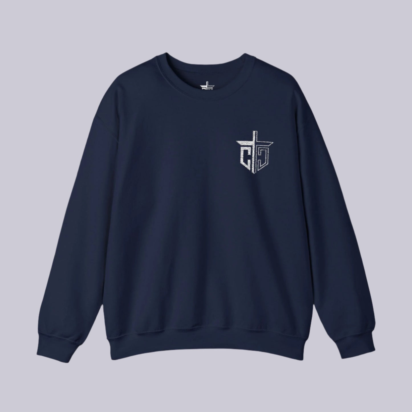 A black crewneck sweatshirt with a signature logo embroidered on the upper left front side.