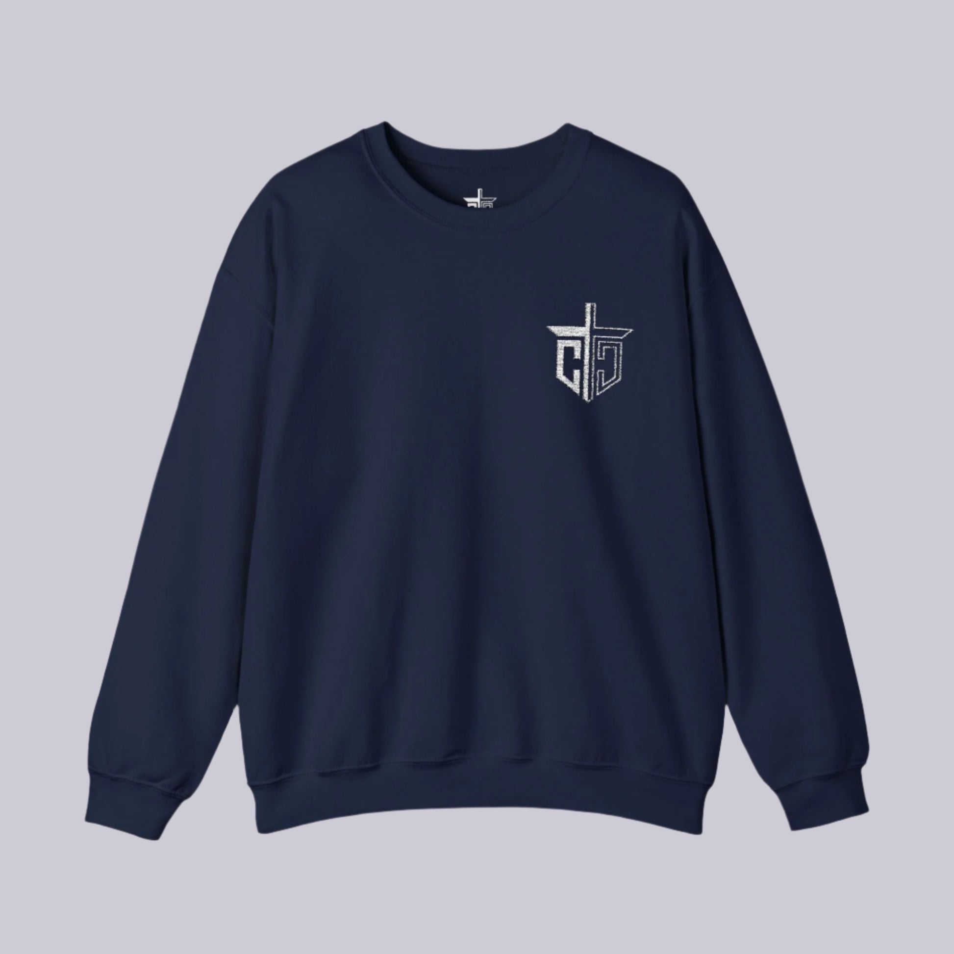 A black crewneck sweatshirt with a signature logo embroidered on the upper left front side.